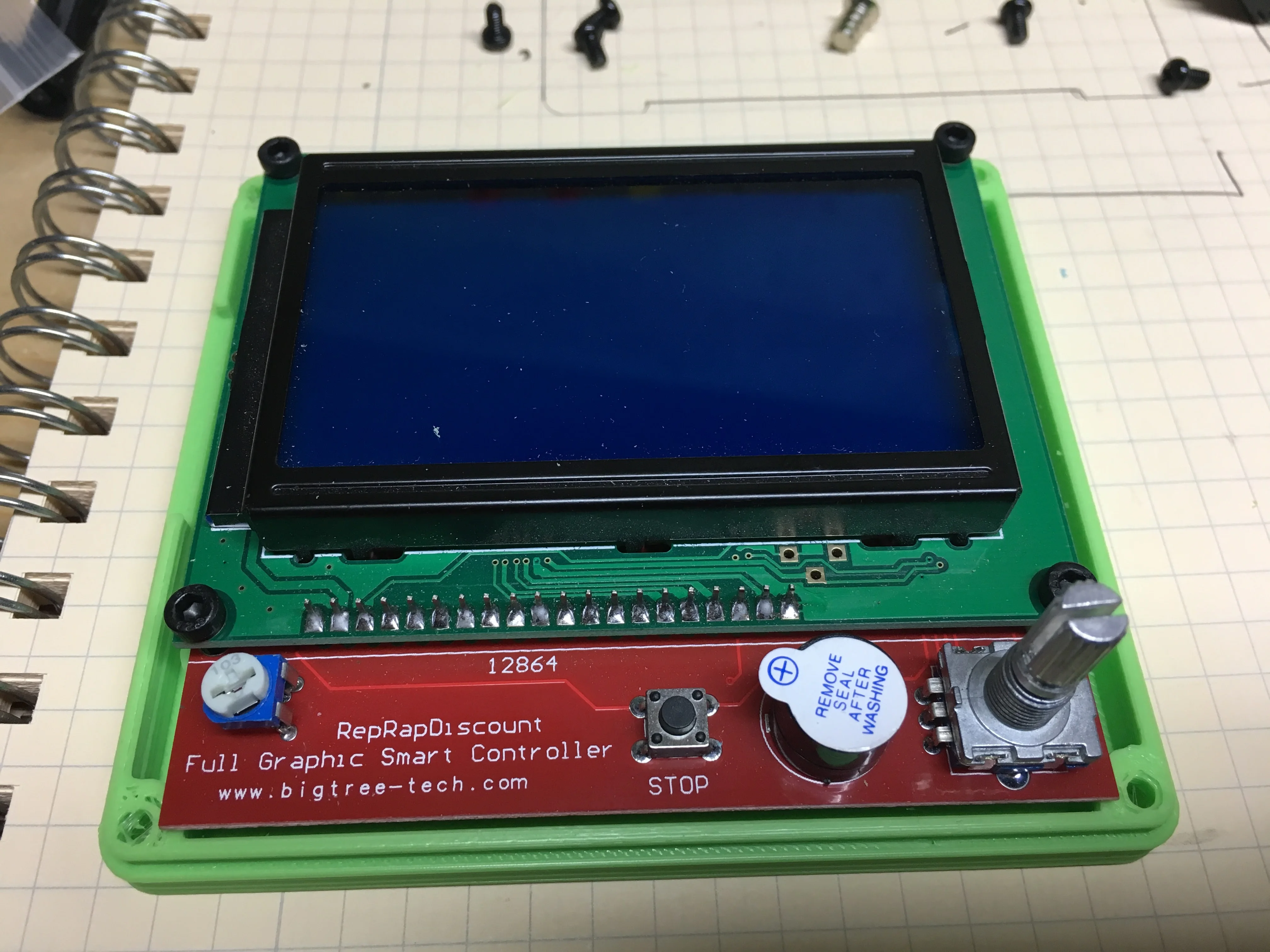 Working blue 3D-printer controller with an illuminated display