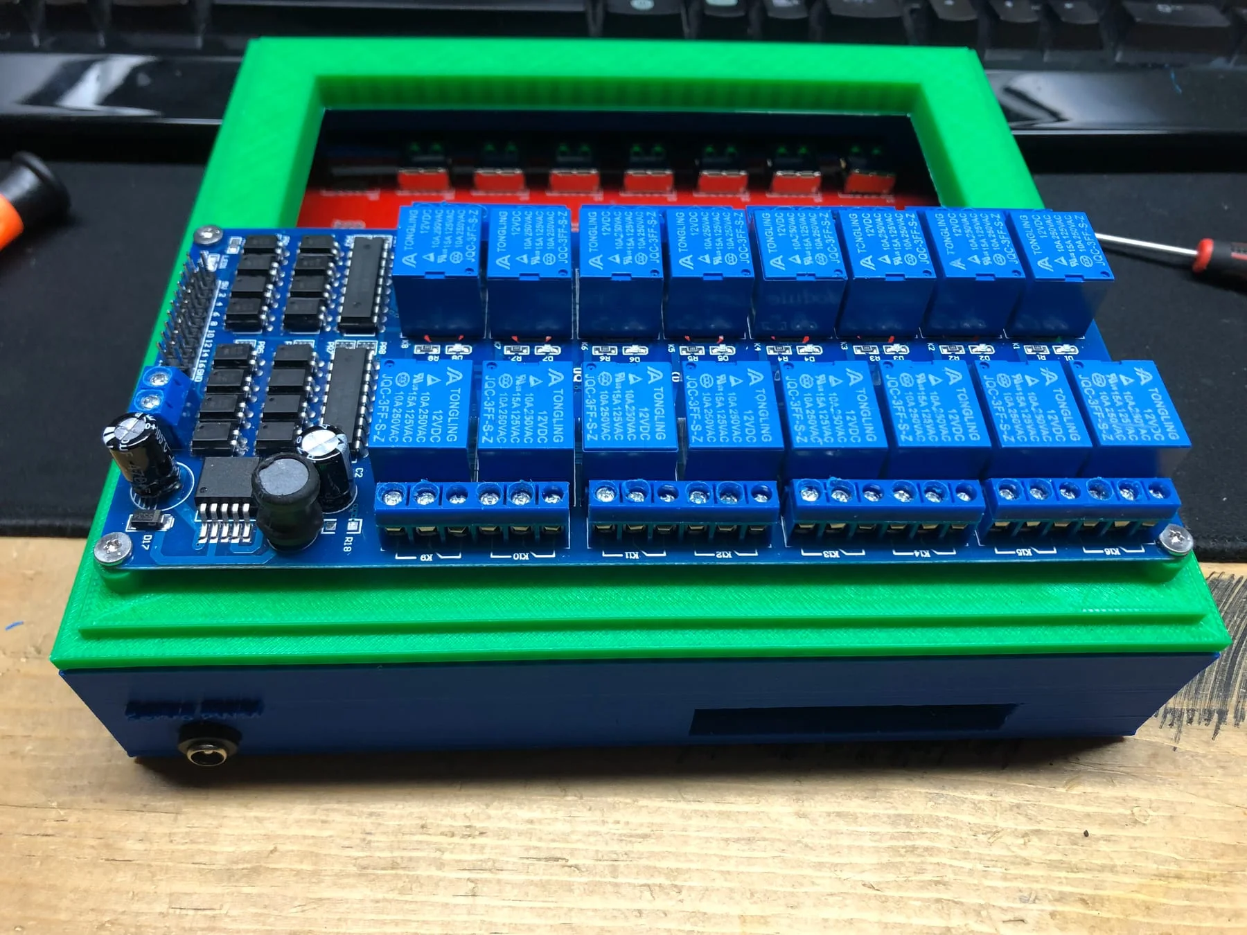Relay bank integrated into a green printed controller housing