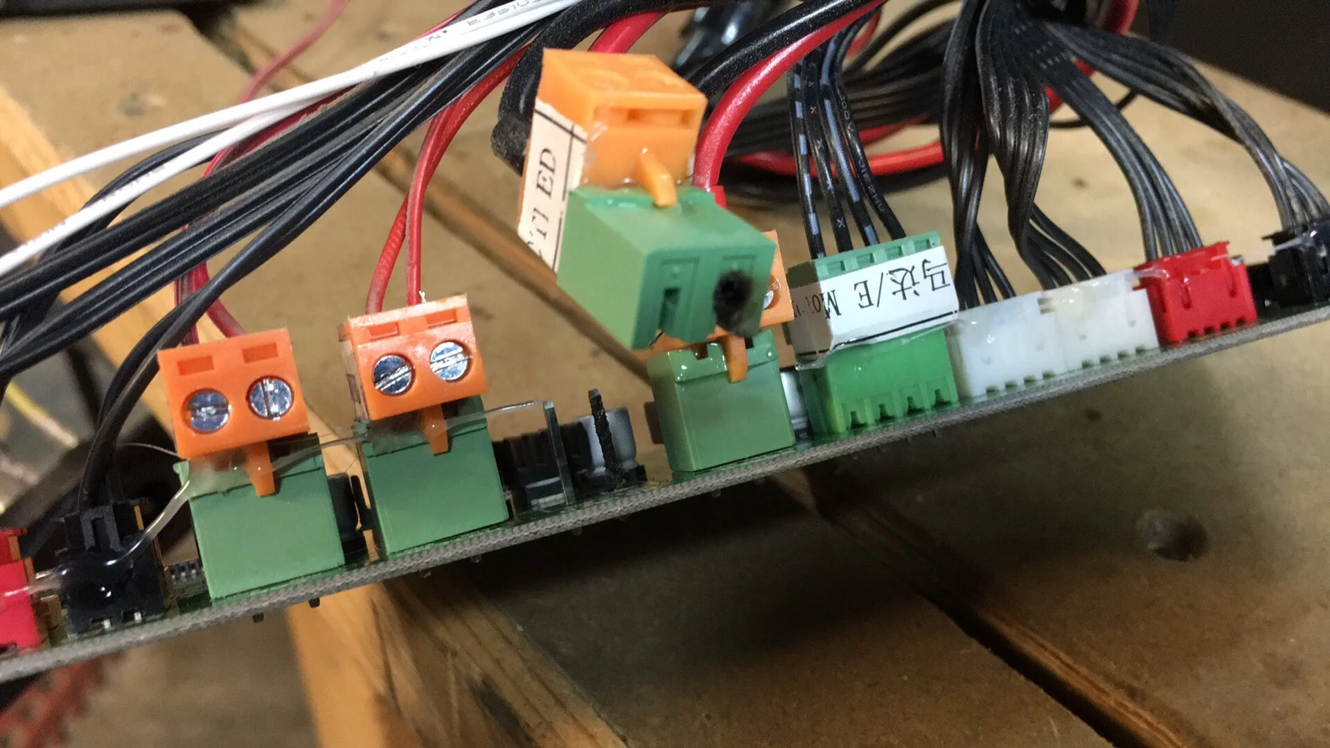 Close view of wiring and connectors on a custom electronics board