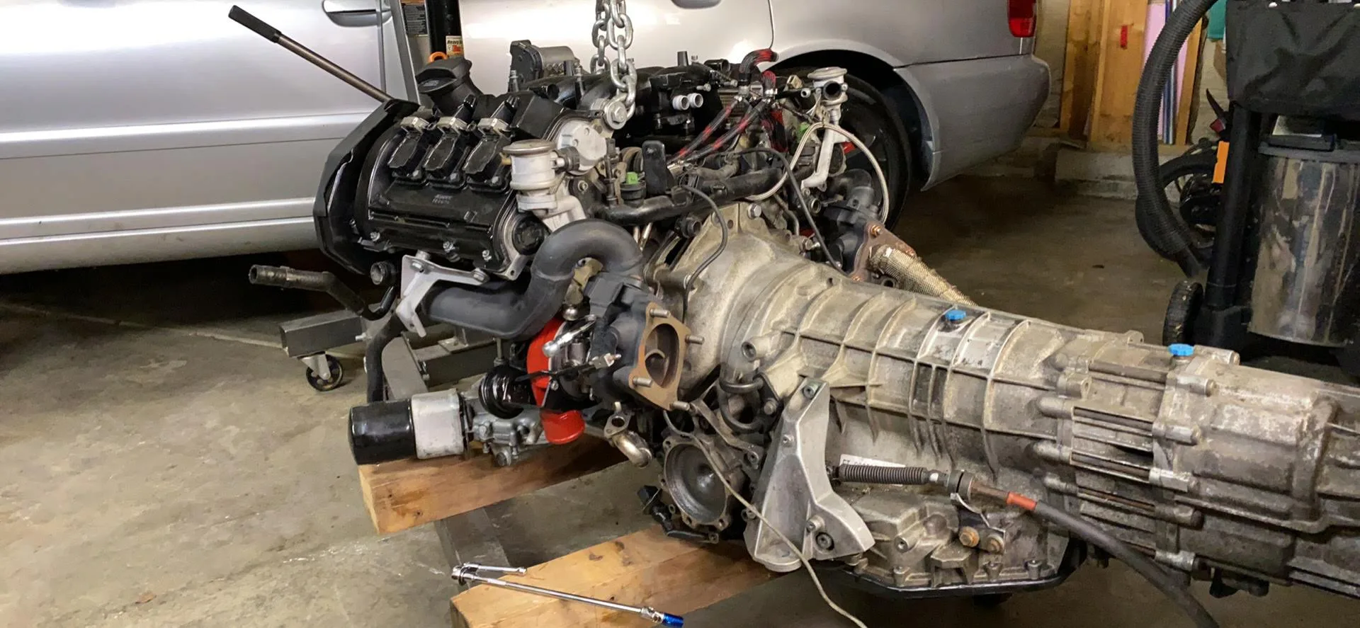 Removed B5 S4 engine and transmission together on the workshop floor