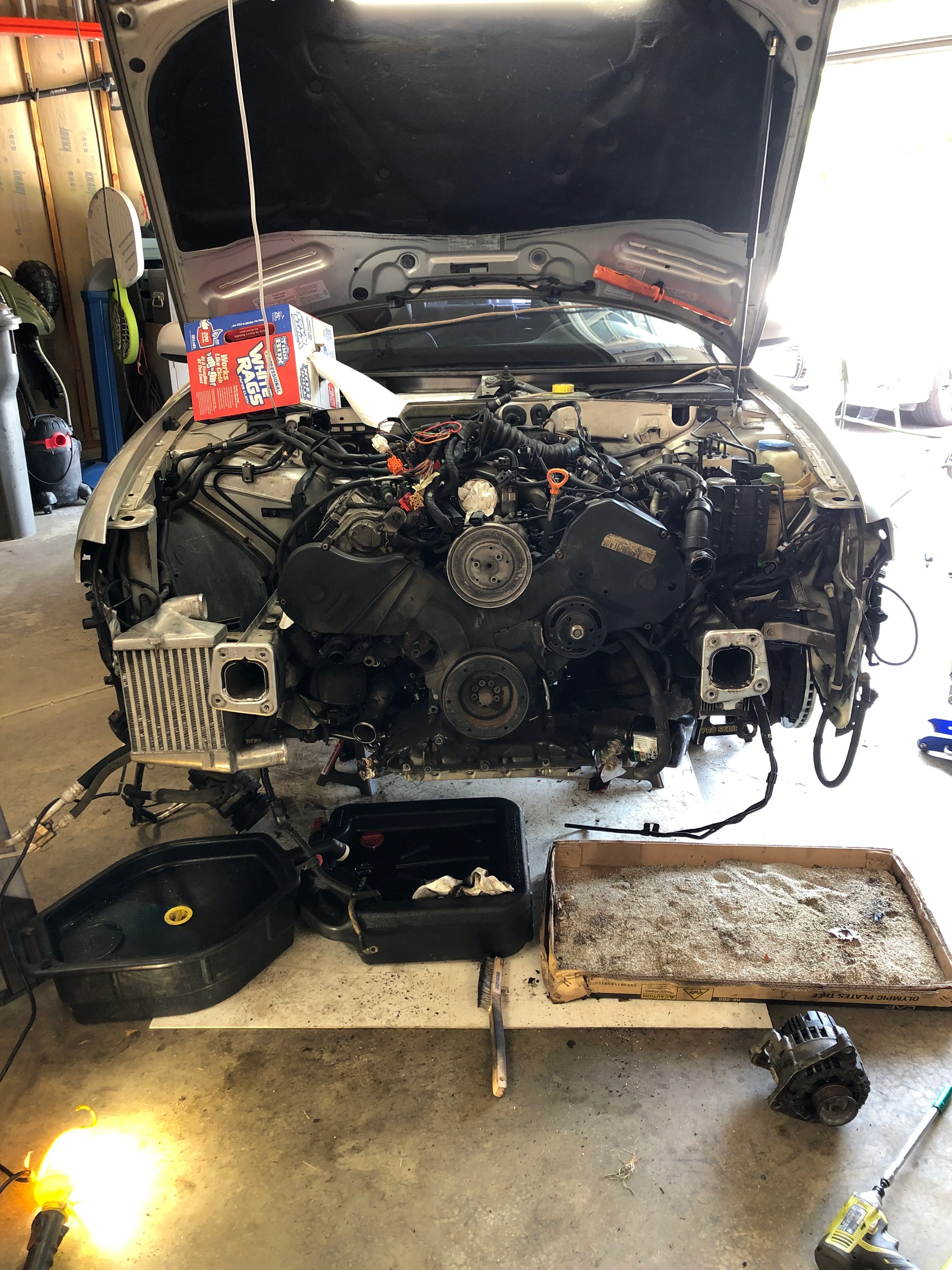 B5 S4 with its front end removed during a major mechanical teardown